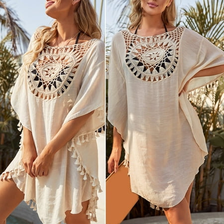 Bikini Cover Up Hollow Out Tassels Summer Loose-fitting Sun Protection Swimwear Tunic for Beach