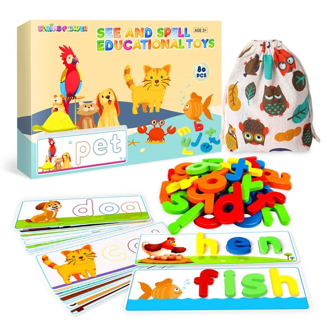 Springflower Ver y deletrear Letras a juego Juguete educativo de aprendizaje para niños y niñas de 3 4 5 6 años Actividades de aprendizaje preescolar Juego de reconocimiento de formas y colores Cvc Co