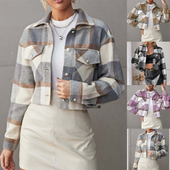 DDAPJ pyju Western Jackets for Women Cropped Shacket Plaid Button Down Shirt Long Sleeve Fall Jackets with Pockets Beige XL