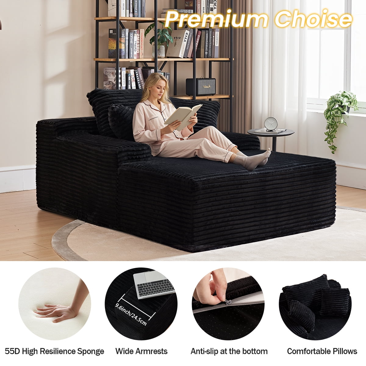 49.6" W Oversized Chaise Lounge Chair Indoor, Boneless Couch with 4 Pillows, Cozy Reading Chairs with Wide Arms, No Assembly Corduroy Boneless Chair, Memory Foam Couch for Living Room, Gray