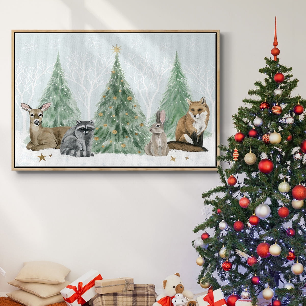 Christmas in the Forest Collection A - Framed Gallery Wrapped Holiday Canvas - 17 x 25 - Natural Wood Frame