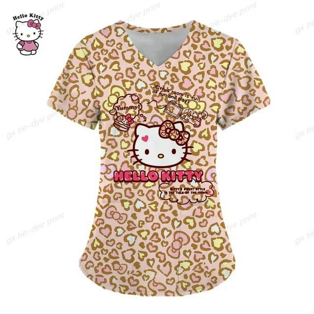 GUISHUAN Blouse de Travail pour Femmes Hello Kitty, Uniforme d'Infirmière, Manches Courtes, Col en V