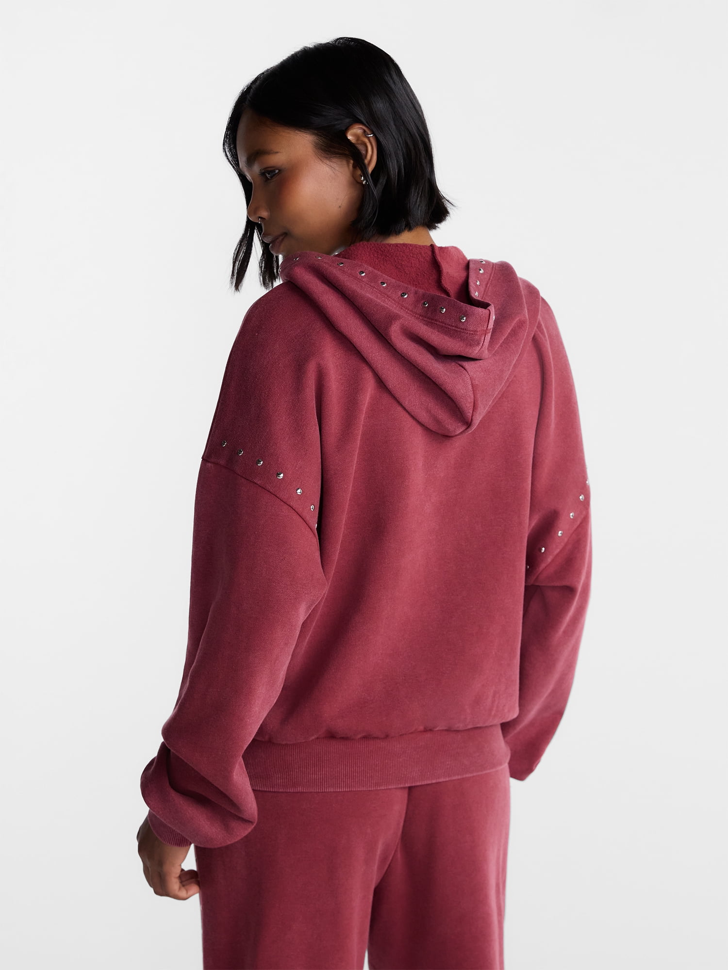 No Boundaries Mineral Wash Studded Fleece Oversized Hoodie, Women's XXS-XXL
