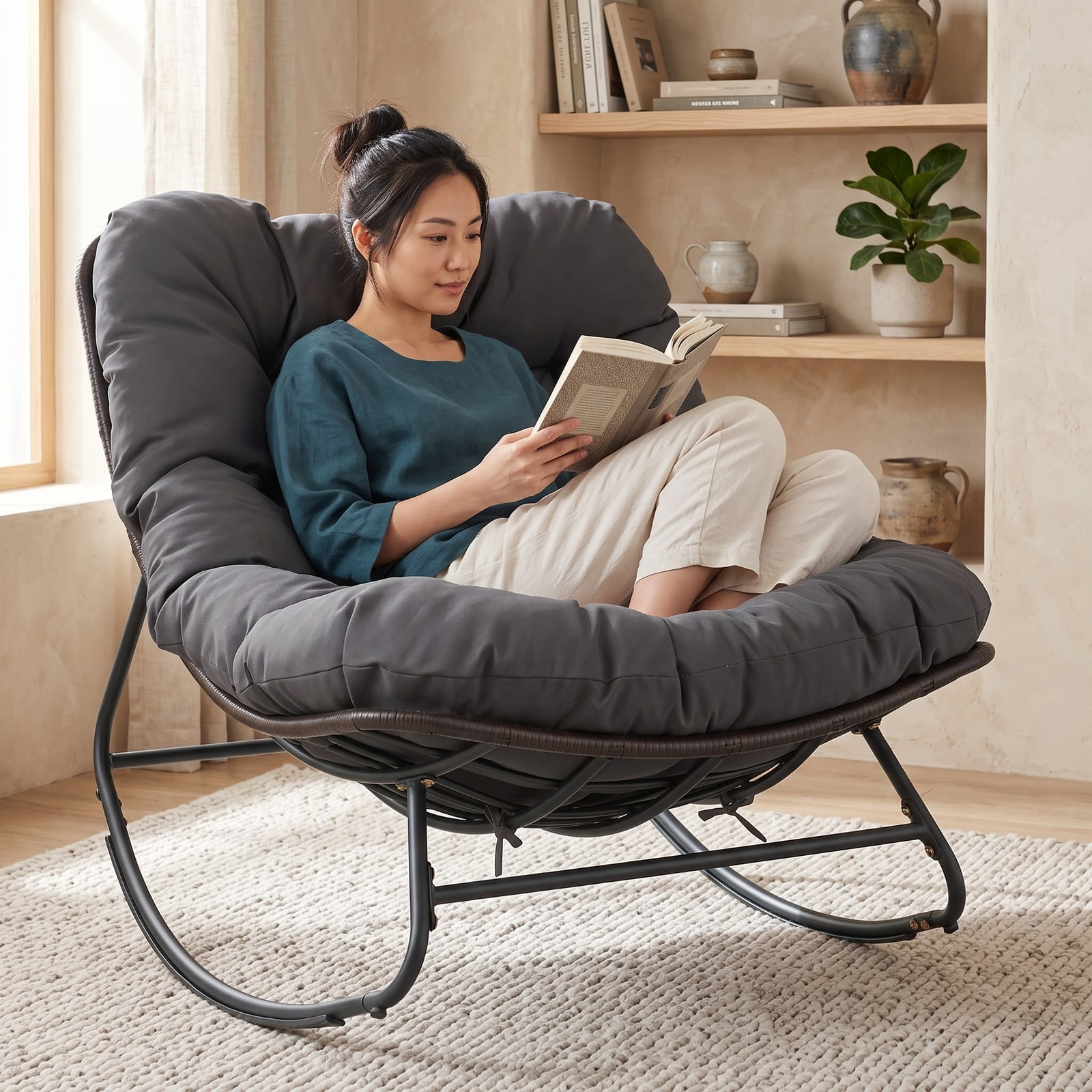 Furnibear Outdoor Papasan Rocking Chair with Thick Removable Cushion and Non-Slip Pads for Oversized Patio and Backyard Comfort, Gray