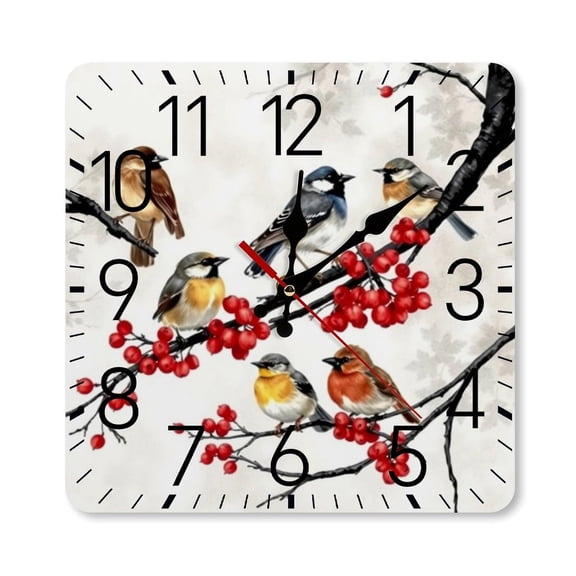 RKSupls 10×10inch Square Silent Wall Clock Wooden Frame, Birds Berry Branch Scale Decorative Clock for Home Bedroom Living Room Office