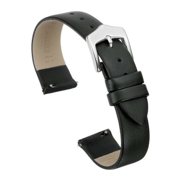 Correas de reloj de cuero genuino negro de 16 mm con hebilla plateada para mujeres