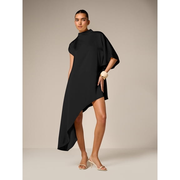 Black Asymmetrical Drape Mini Dress With High Mock Neck And Short Sleeves Elegant Evening Guest Wear