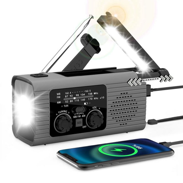 Emergency Weather Radio, 4000MAh Weather Alert Radio Solar Charging, Hand Crank & USB , AM/FM Radio - Gray