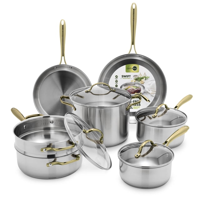 Juego de ollas y sartenes GreenPan de acero inoxidable de 11 piezas, apto para inducción, con revestimiento triple y tapas, compatible con todo tipo de cocinas, con marcas de medición, apto para lavav