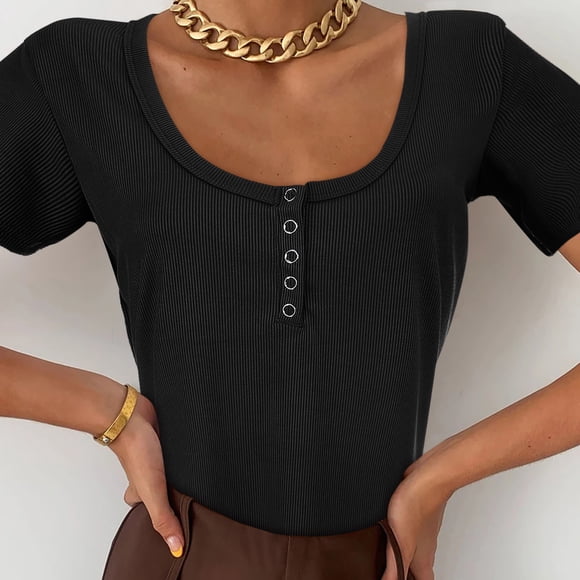 DondPO Crop Tops, Tops de Sortie Slim Serrés Tops Chemises Femmes Ajustées T-Shirt Bas Coupé Sexy Bouton T-Shirts Femmes Sexy Tops, Tops Mignons, Tops d'Été pour Femmes 2024 Noir S
