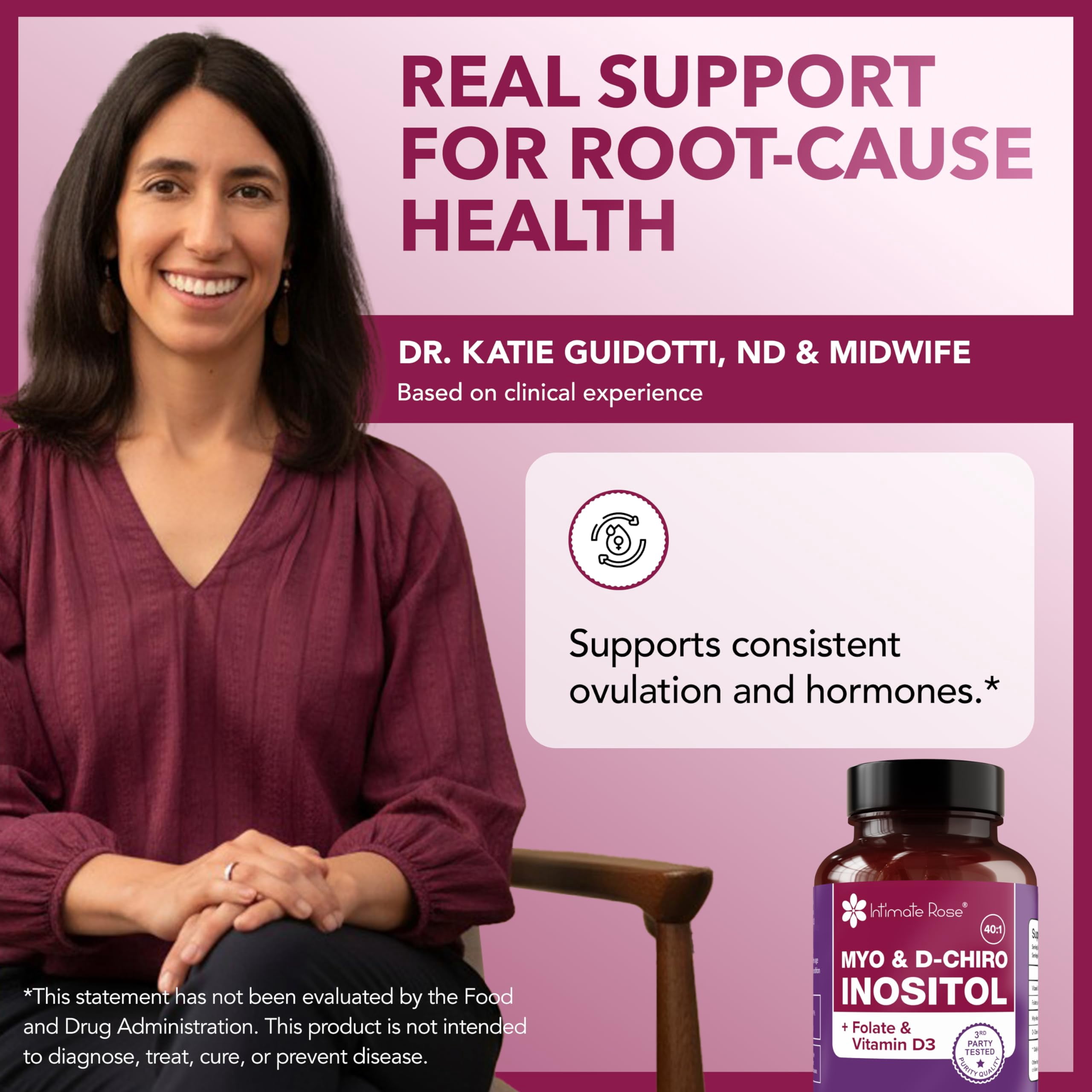 Intimate Rose Myo-Inositol & D-Chiro Inositol Supplement with Folate and Vitamin D - Support Hormonal Balance, Regular Cycles and Ovarian Health - 30-Day Supply - 40:1 Ratio Capsules