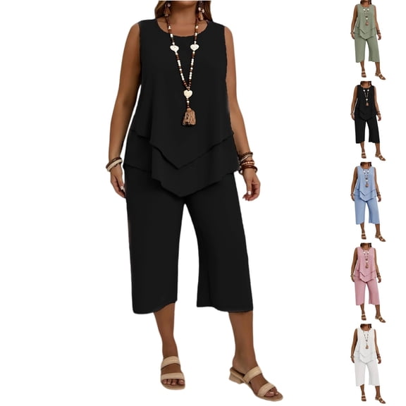 Women's Plus Size 2 Piece Summer Outfits Crew Neck Tank Top Tunic Shirt and Capri Pants Sets Black XXL