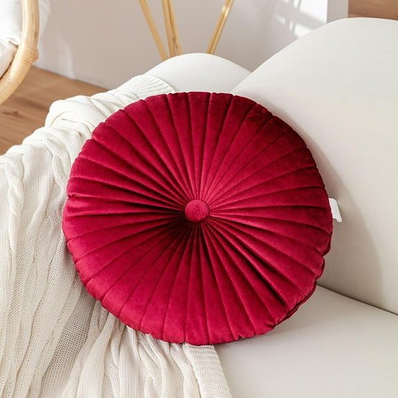 FYHALE Round Pumpkin Cushion, Decorative Round Pleated Throw Pillows, Classy Accent Pumpkin Throw Pillows with Center Button, Vintage Velvet Floor Pillow for Sofa Couch Vanity Chair Bed, Red