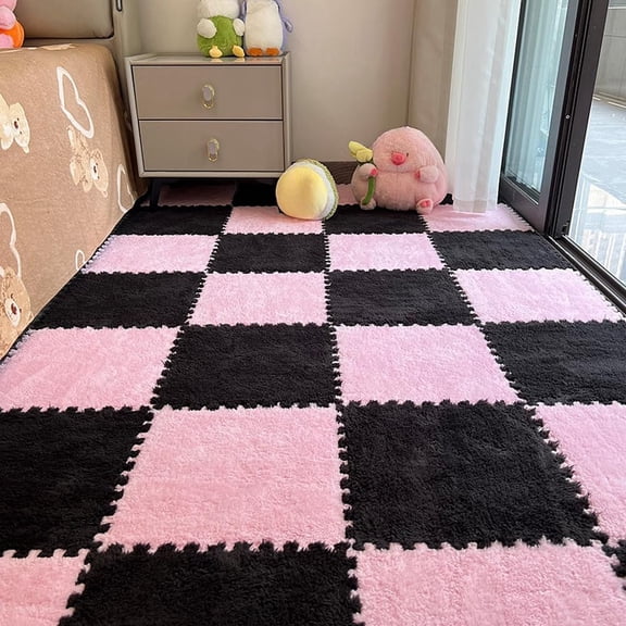 12pcs Carpet Squares Puzzle Floor Mat, Plush Interlocking Carpet Tiles, Anti Slip EVA Foam Jigsaw Floor Tiles, Build A Safe Area for Bedroom Playroom (Pink Black)