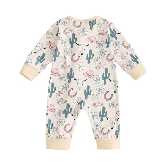 Elippeo Baby Girls Autumn Casual Jumpsuit Long Sleeve Cattle Head/Cow/Cactus Print Oblique Zipper Romper 3 6 12 18 24 Months