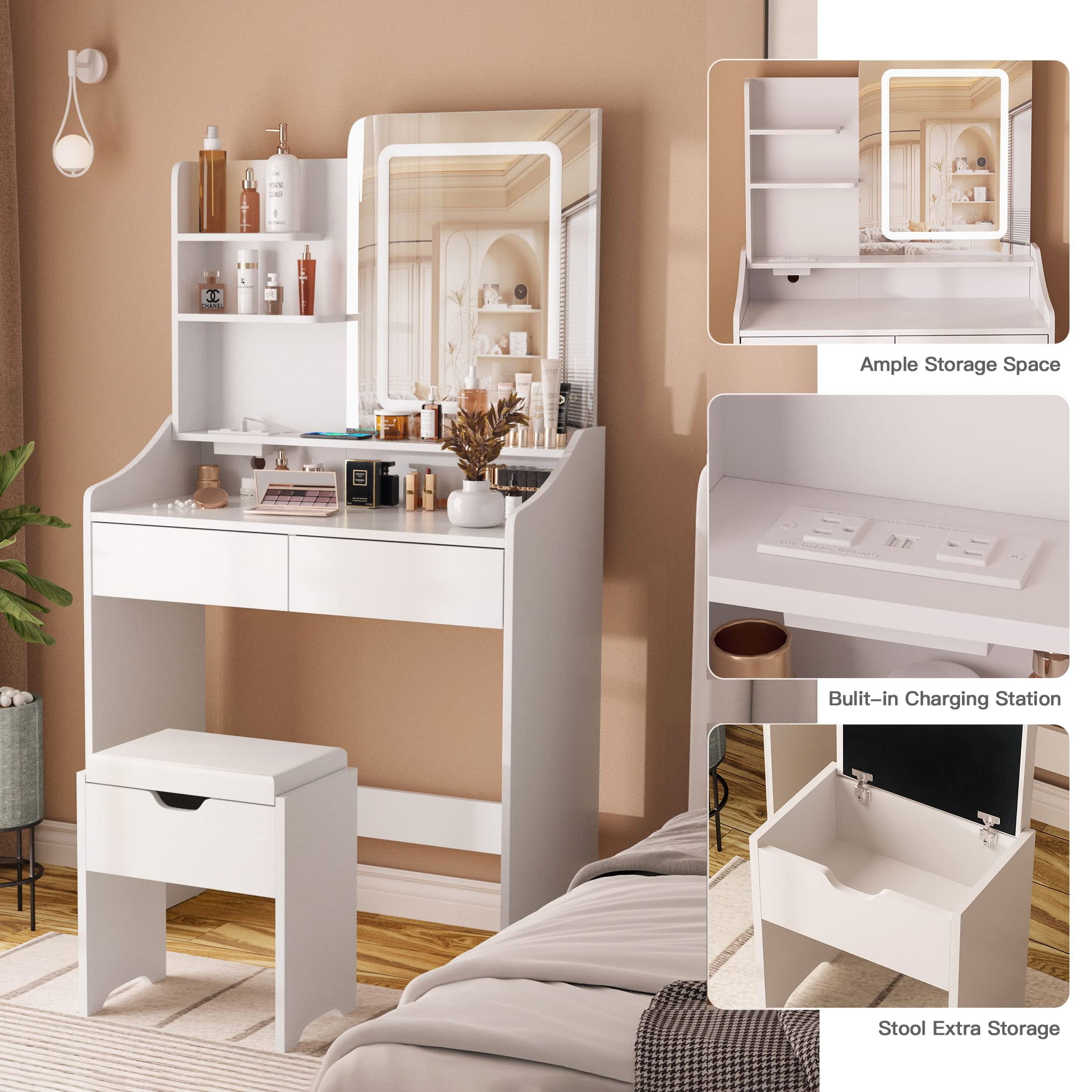 Veanerwood Makeup Vanity Set with Lights and Power Strip, Vanity Dressing Table with Drawers and Shelves, Bedroom, 31.5in, White