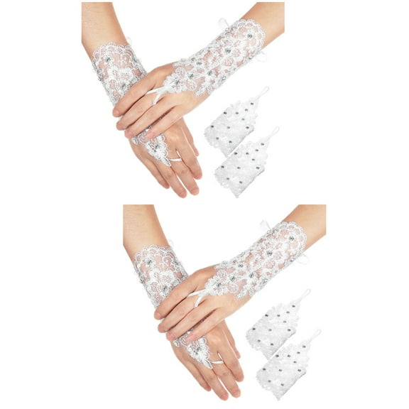 FRCOLOR 2 Pairs  of Women's Lace Gloves Mesh Embroidery Flower Rhinestone Fingerless Bridal Gloves Prom Gloves for Wedding Costume Accessories