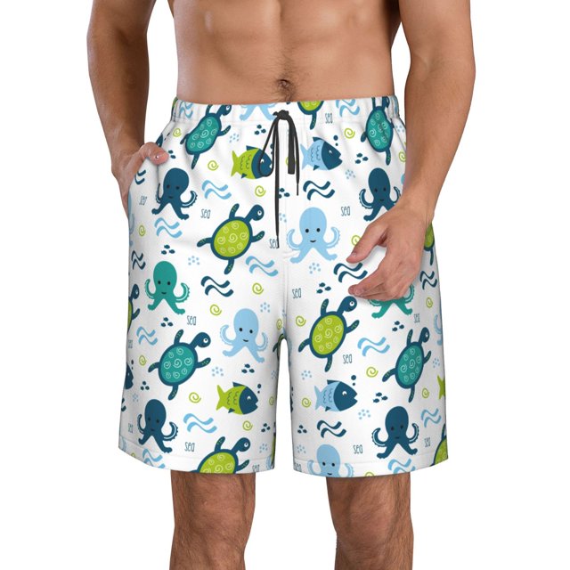 Fotbe Cartoon Sea Creatures Trajes de Baño Estampados para Hombre, Shorts de Verano de Secado Rápido, Ropa de Playa, Bañadores-Small