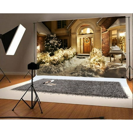 Image of MOHome 7x5ft Christmas Backdrop Countyard Night View Garland Heavy Snow Trees Frone Door Winter Happy New Year Photography Background Kids Children Adults Photo Studio Props