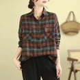 thumbnail image 2 of Womens Plaid Shirts Button Up Long Sleeve Cozy Linen Blend Lapel Collar Blouses Chest Pockets Casual Fall Tops (L, Coffee), 2 of 4