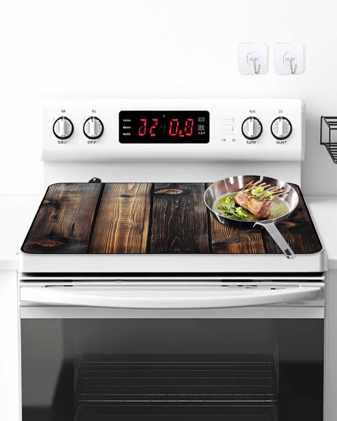Stove Top Covers for Electric Stove 31x24 Inches, Black Brown Board Heat Insulation Fireproof Glass Cooktop Protector, Vintage Chic Shabby Wooden Grain Countertop Stovetop Cover for Kitchen