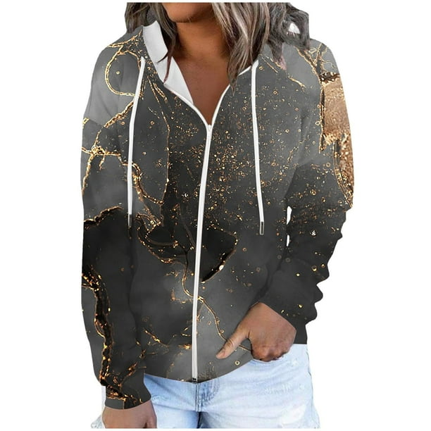 New Womens Zip Up Hoodie Caots With Pockets Fashion Printed Blouse Long Sleeve Tops Sweatshirt Pockets Hoodied on Clearance