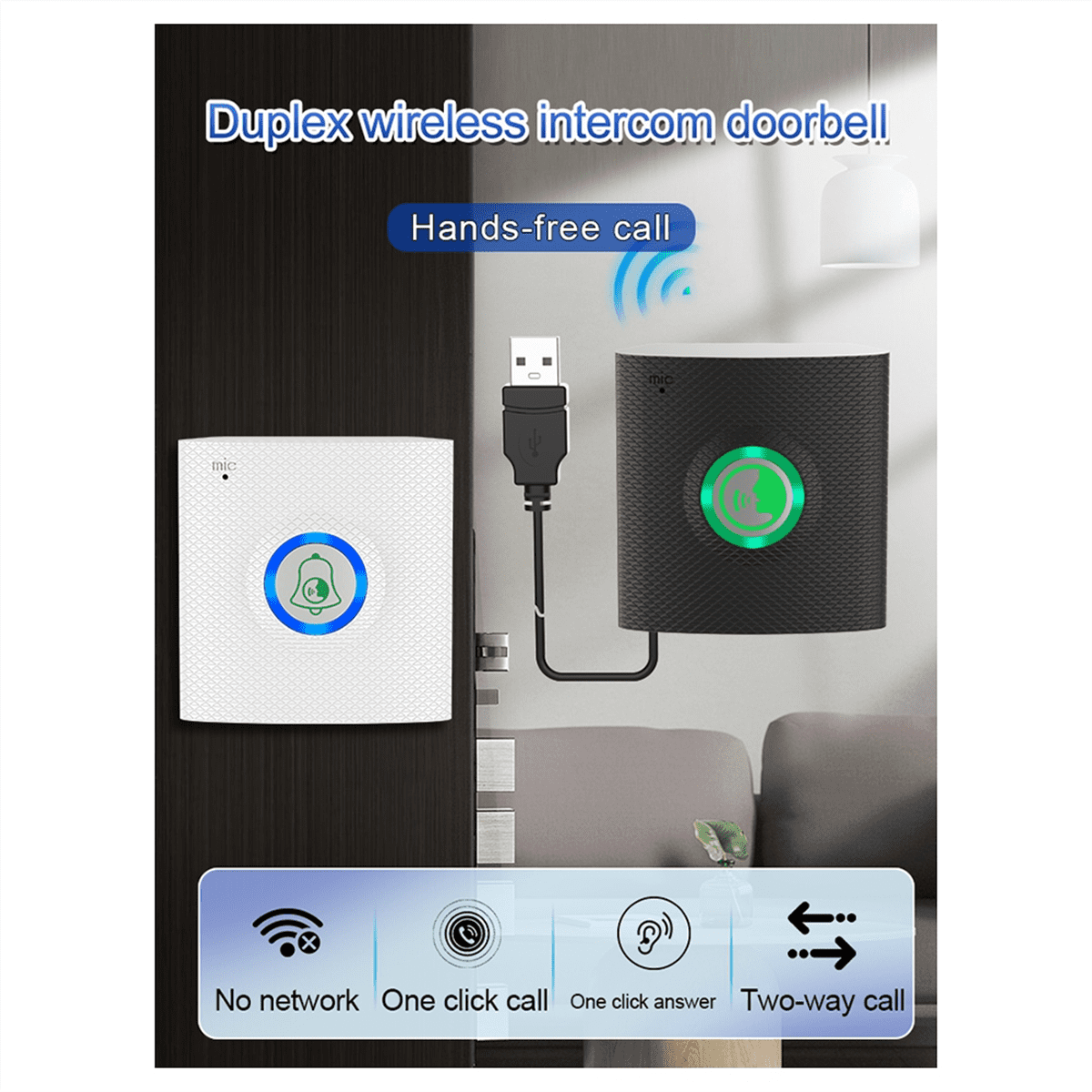 Wireless Long Distance Voice Intercom Full Duplex Door Phone Two Way Audio Doorbell Welcome Chime Elderly Bell White,1 pairs x Smart intercom doorbell,White