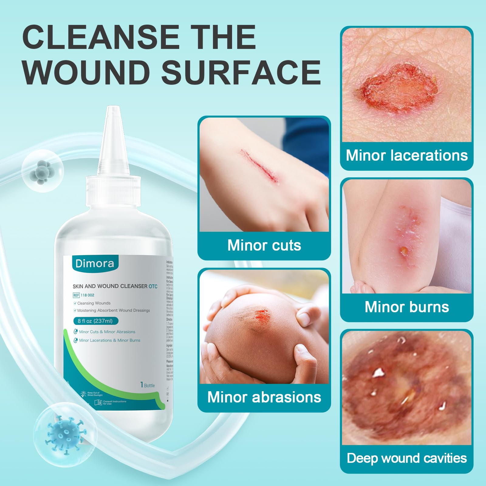 (2 pack) Dimora Skin and Wound Cleanser, OTC First Aid Antiseptic Cleanser,Moistening Absorbent Antibacterial Wound Dressings for Cuts, Abrasions, Lacerations, Burns, Skin Cleansing and Rinsing, 8oz, 237mL