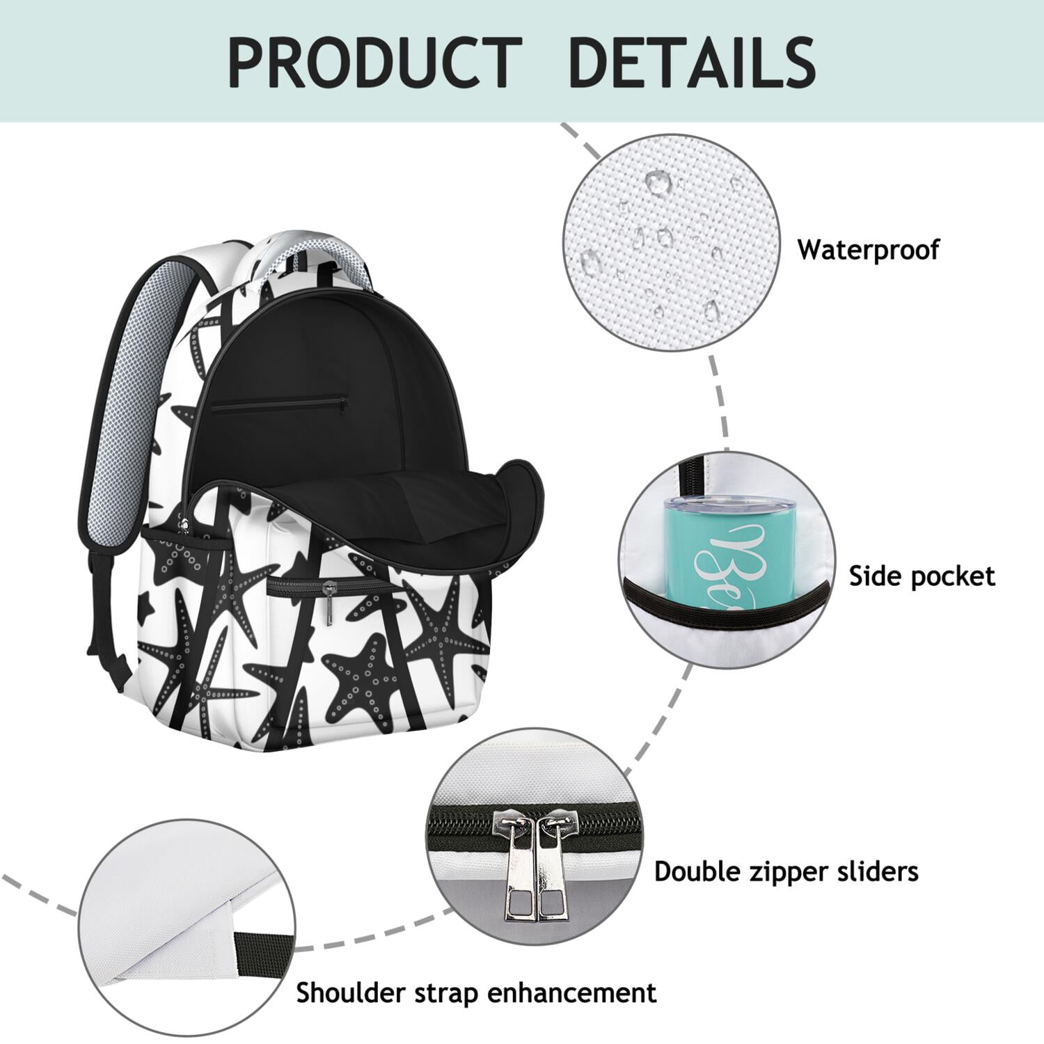 Beach-Inspired Waterproof Backpack - Tropical Marine Design with Mermaid & Anchor, Lightweight Daypack for Teens with Padded Straps & Organized Storage