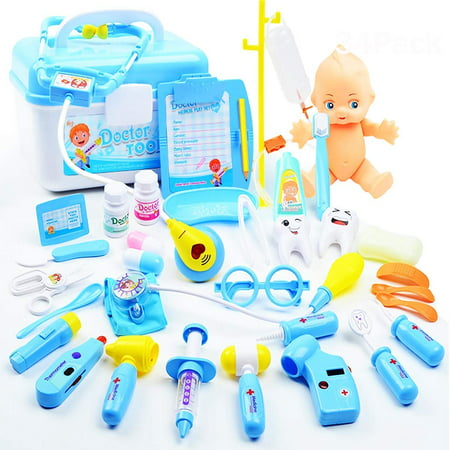 Kids Doctor Set | 34 Pieces Role Play Nurse Medical Box Kit with Electronic Stethoscope & Pretend Play Accessories - Educational Gift for 3, 4, 5, 6 Year Old Boys,