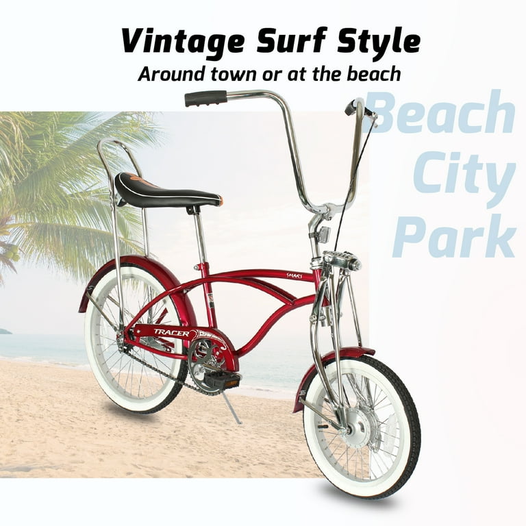 Tracer Smart Classic Lowrider Beach Cruiser Bike, 20" Front Wheel, 16" Rear Wheel, Banana Seat, Coaster Brake, Drum Brake, for Teen, Adult, Red