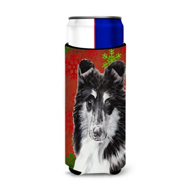 Black and White Collie Red Snowflakes Holiday Ultra Hugger for slim cans