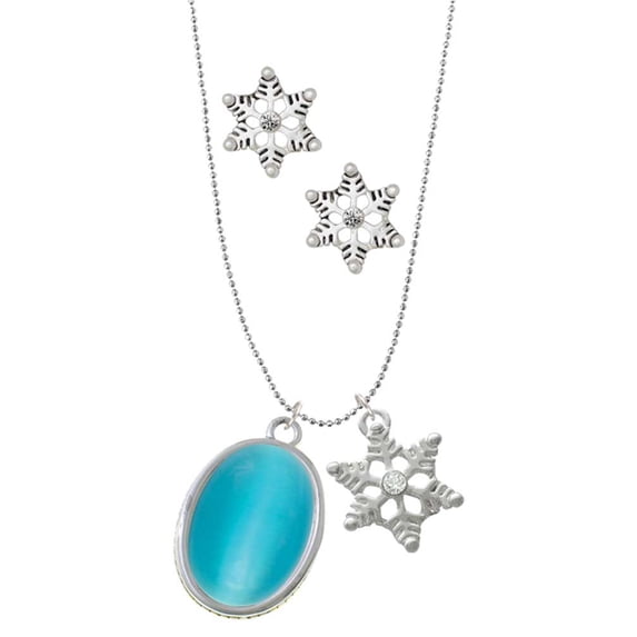 Delight Jewelry Silvertone Oval - Imitation Cat's Eye - Dark Teal - Silver tone Snowflake Charm Necklace and Stud Earrings