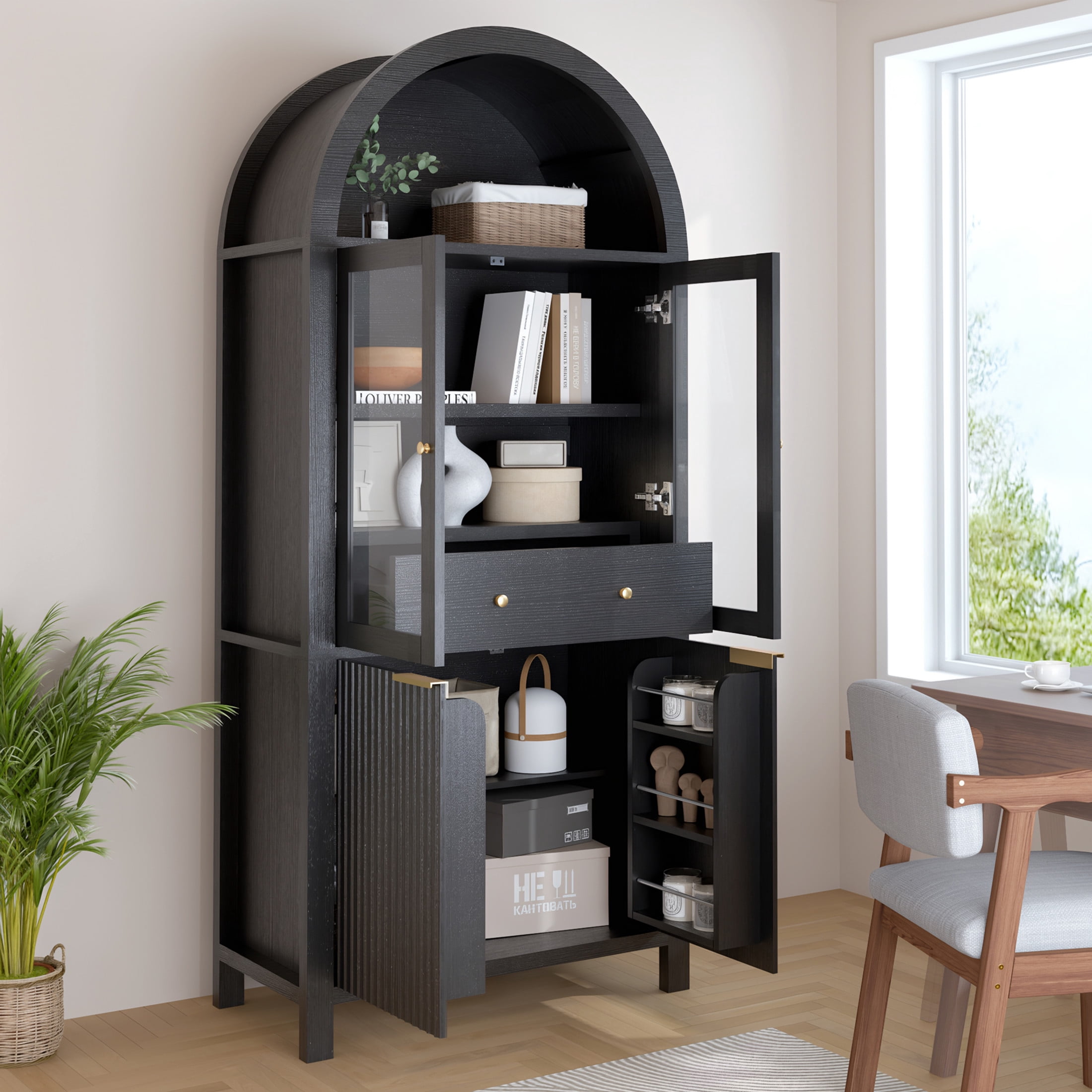 Noble House 71" Fluted Arched Pantry Cabinet with Adjustable Shelves, Hidden Drawer and Built-In Racks, Black