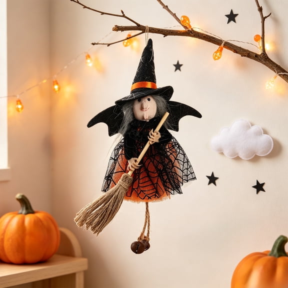 Halloween Hanging Witch Decoration, Halloween Kitchen Witch Doll with Broom, Scary Collectible Figurine Decoration for Wreath Front Door Mantel Porch Indoor Shelter Outdoor Halloween Party Decor
