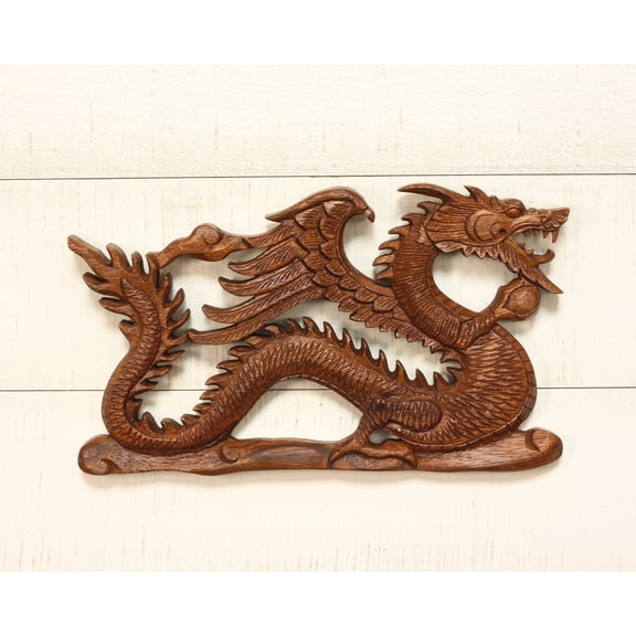11" Wooden Dragon Flying on Clouds Wall Hanging Hand Carved Relief Plaque Statue Sculpture Handcrafted Gift Art Home Decor Wood Accent Decoration Handmade