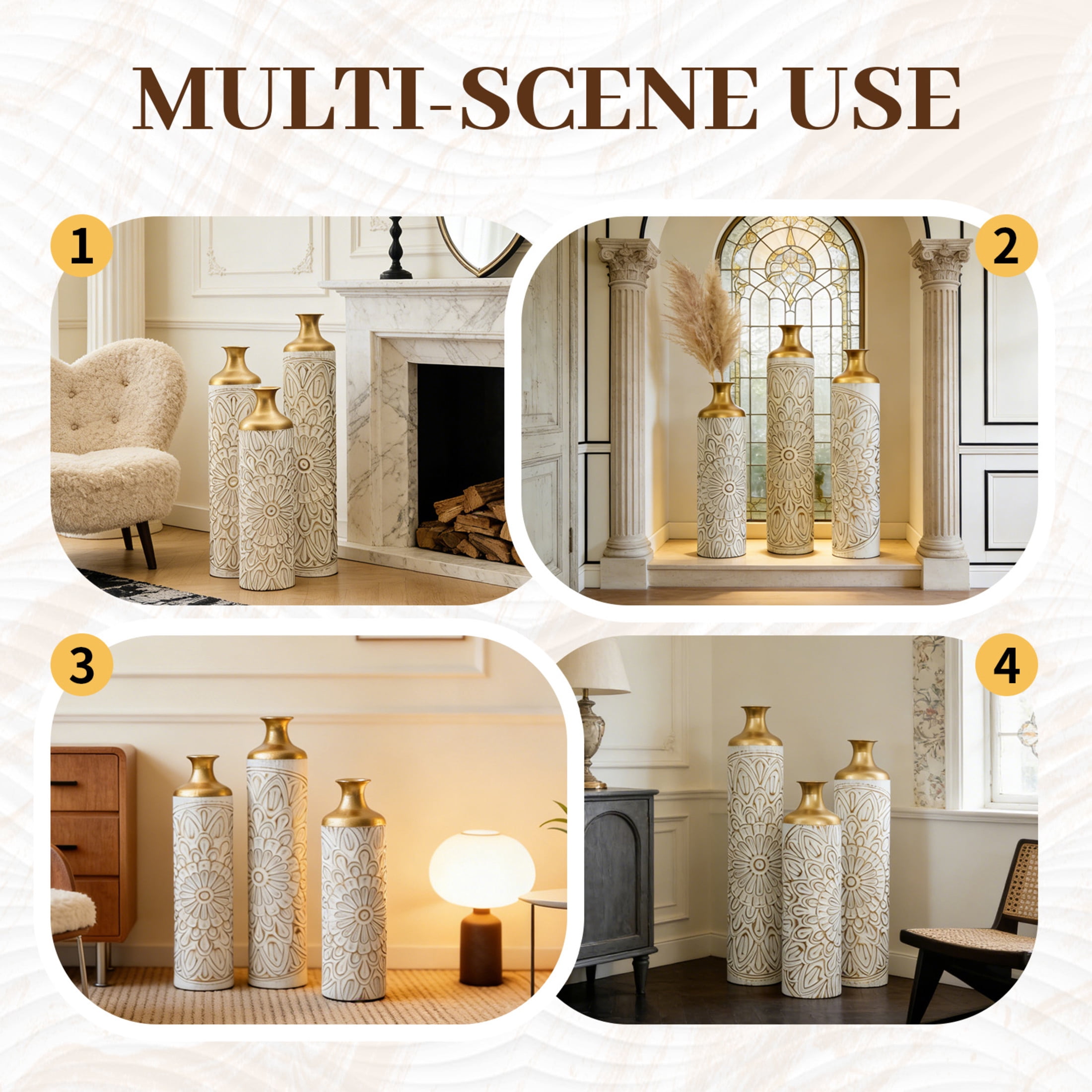Noble House 3-Piece Modern Metal Floor Vase Set, Textured Decorative Vases, Gold and White
