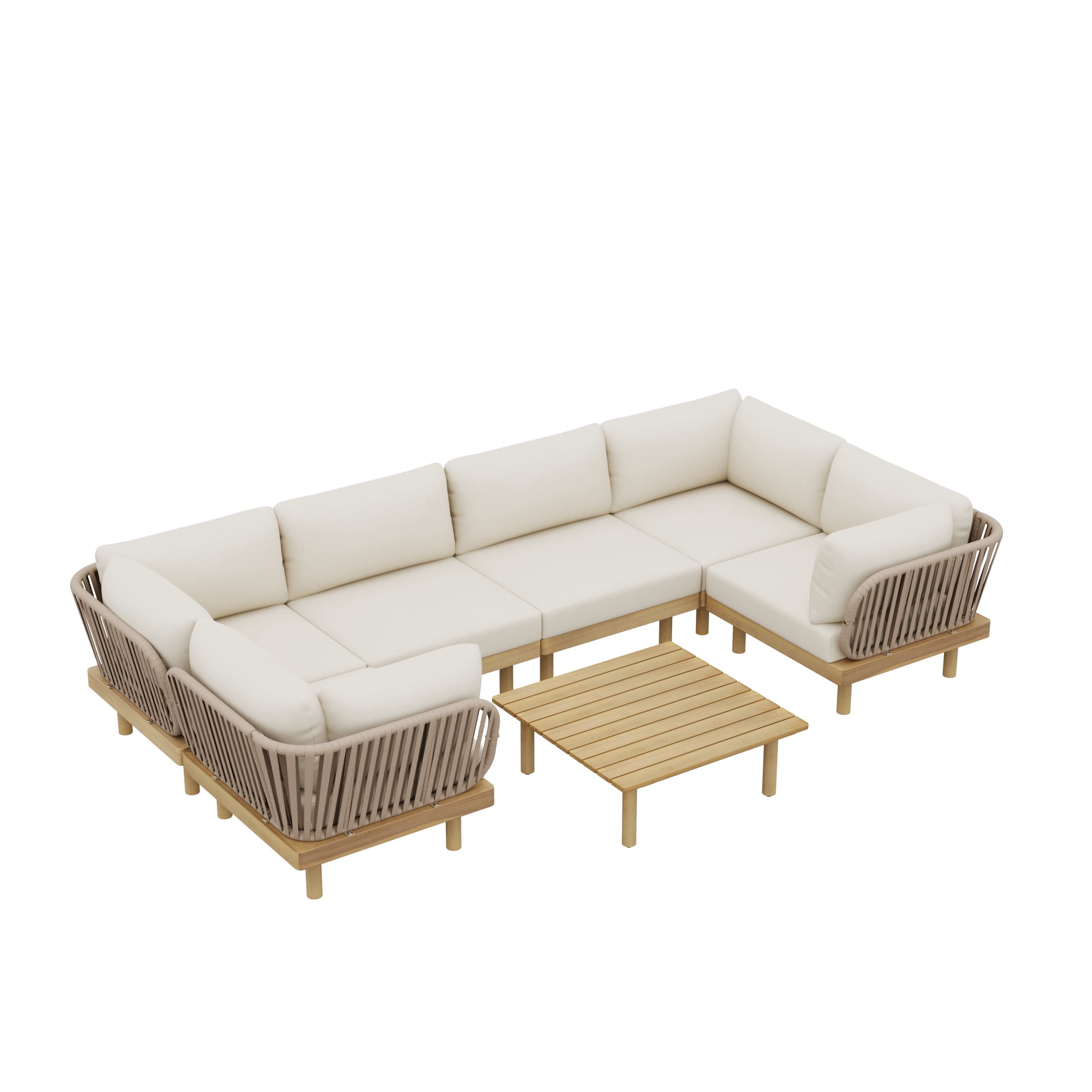 Christopher Knight Home 7-Piece Outdoor Sectional Sofa Set with Rope Back and Cushions, Teak+Beige