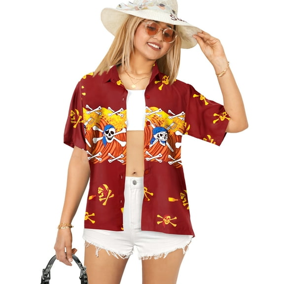 HAPPY BAY Women's Beach Halloween Costumes Hawaiian Shirt Spooky Skull Print Blouse Tops Short Sleeve Button Down Holiday Party Shirts for Women S Crossbones Blood Red