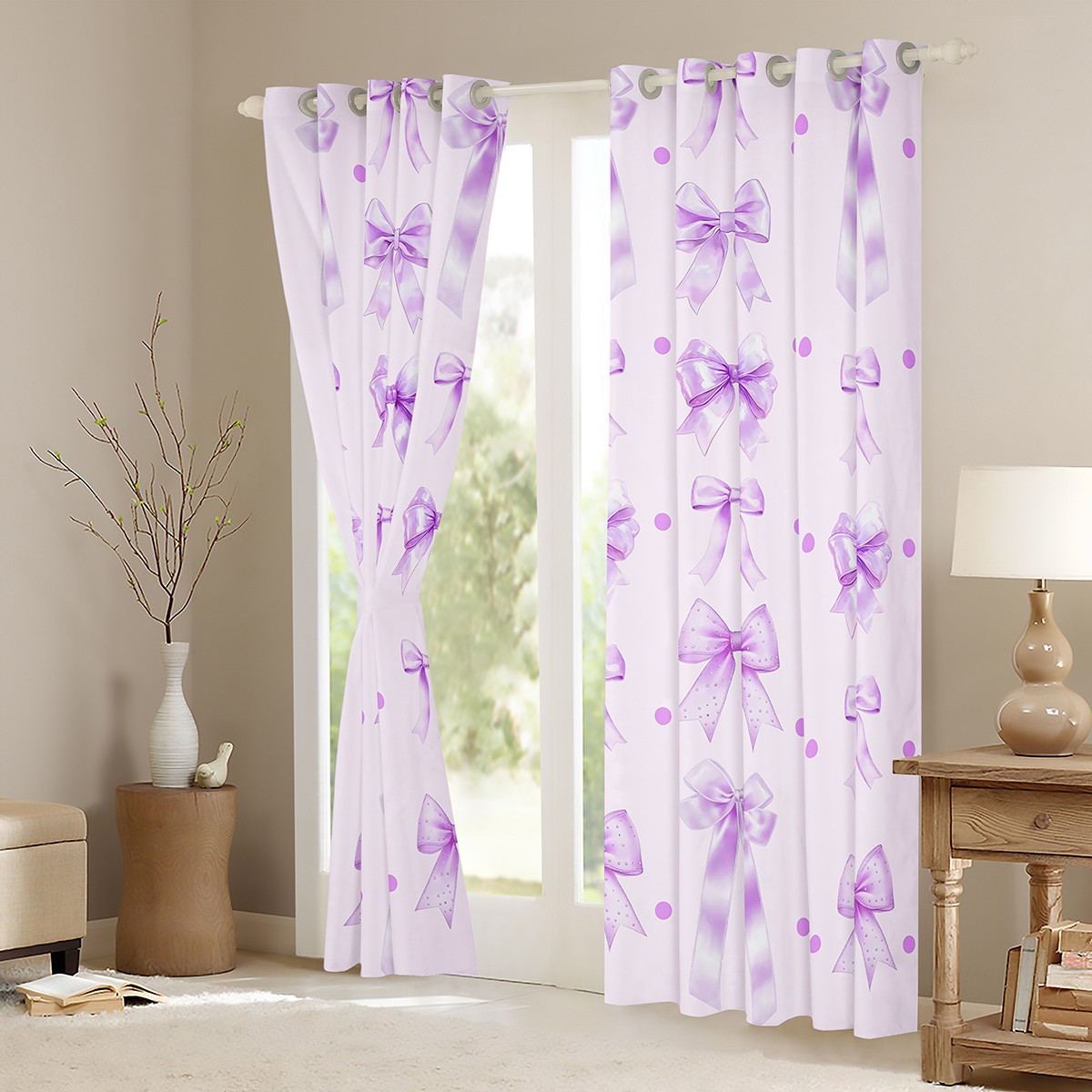 Manfei Lovely Girls Bowknot Blackout Curtains Set of 2 (52x84 Each),Cartoon Bow Tie Window Curtains,Purple Polka Dot Curtains and Drapes For Kids,Luxury Bedroom Decor