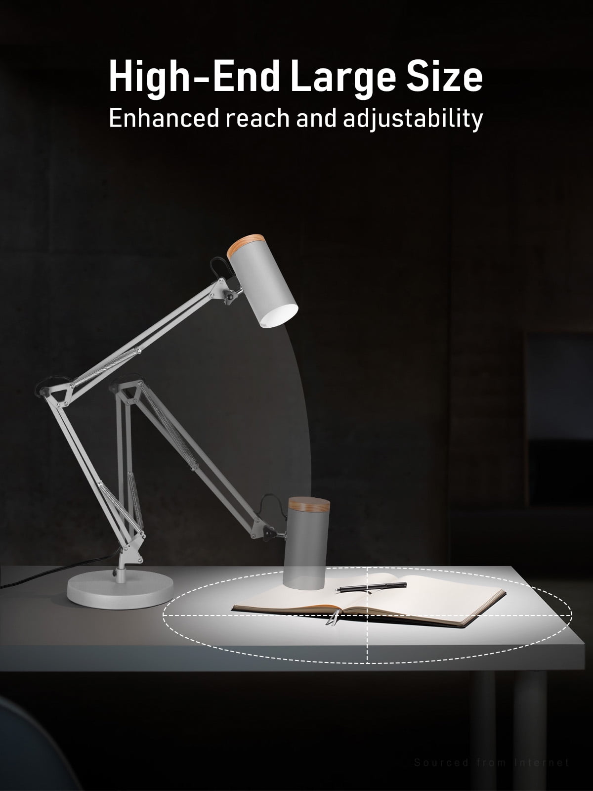 2 Pack Adjustable Metal Table Lamp, Large Size Max Height 29.7", E26 Base, Swing Arm Desk Light with Wooden Accent, Grey