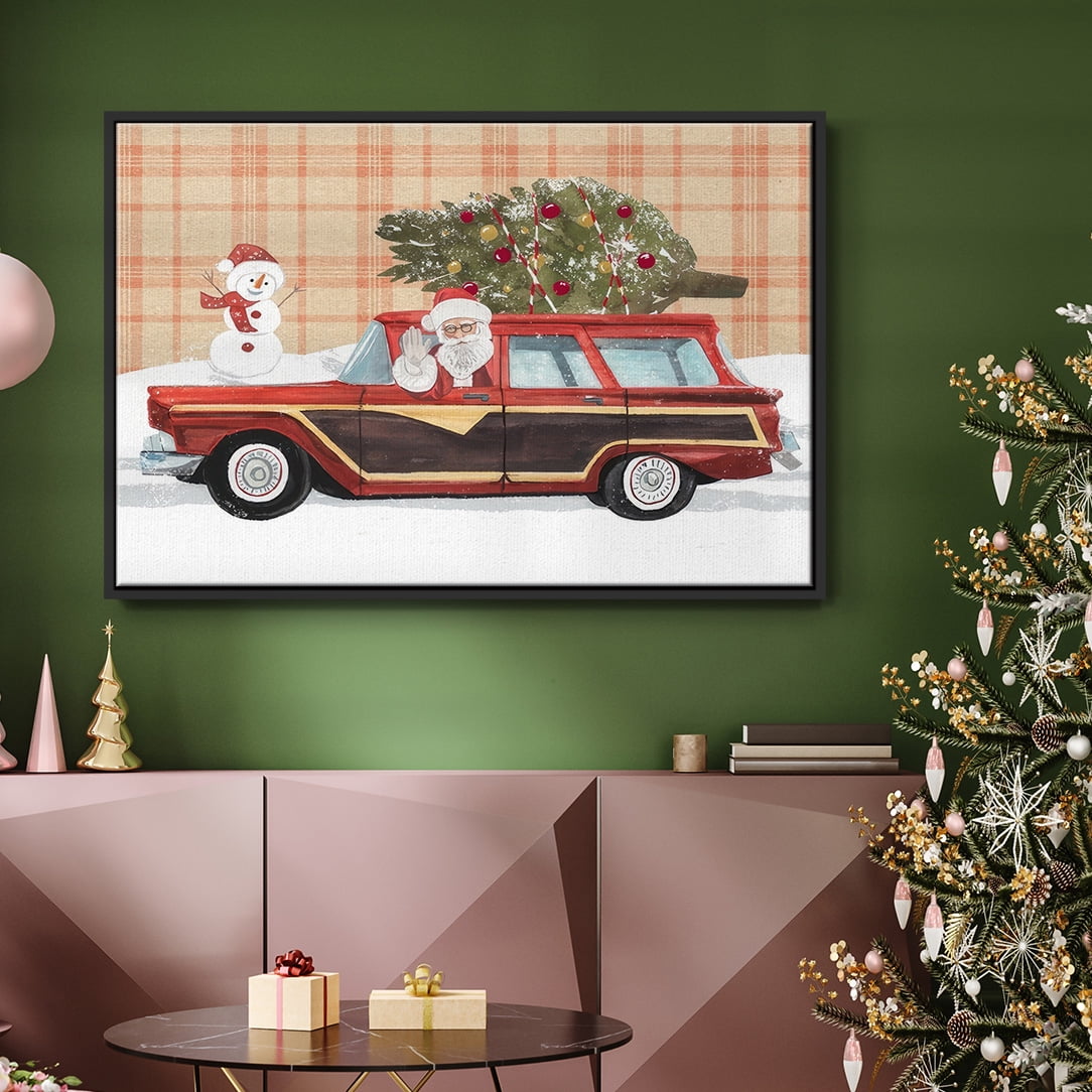 Santa on Wheels I - Framed Gallery Wrapped Holiday Canvas - 17 x 25 - Black Frame