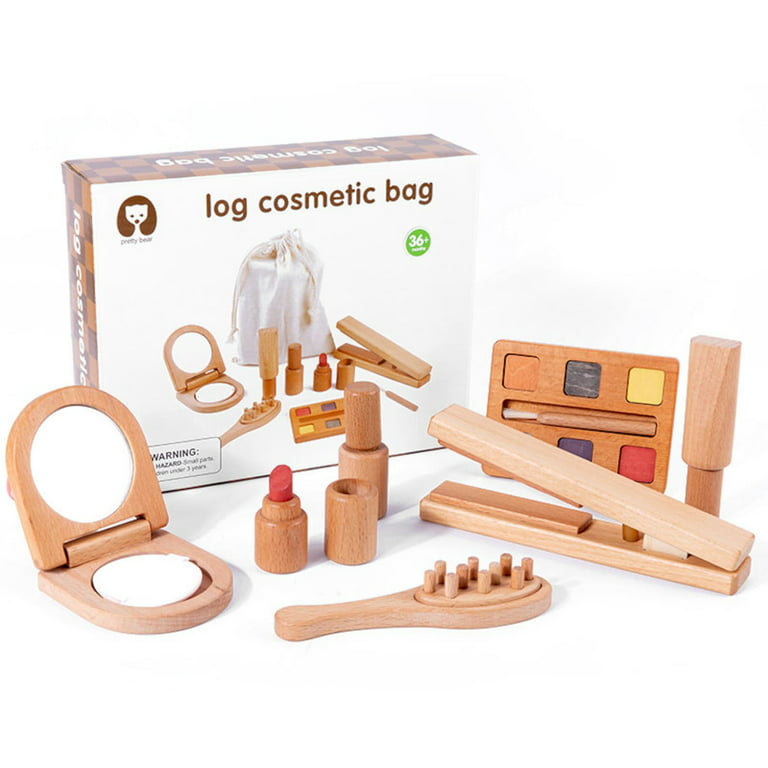 Montessori Mama Makeup and Salon Set - Wooden Pretend Play Beauty Play  Makeup Kit with Styling Tools and Cosmetics - Pretend Makeup for Toddlers  for 4