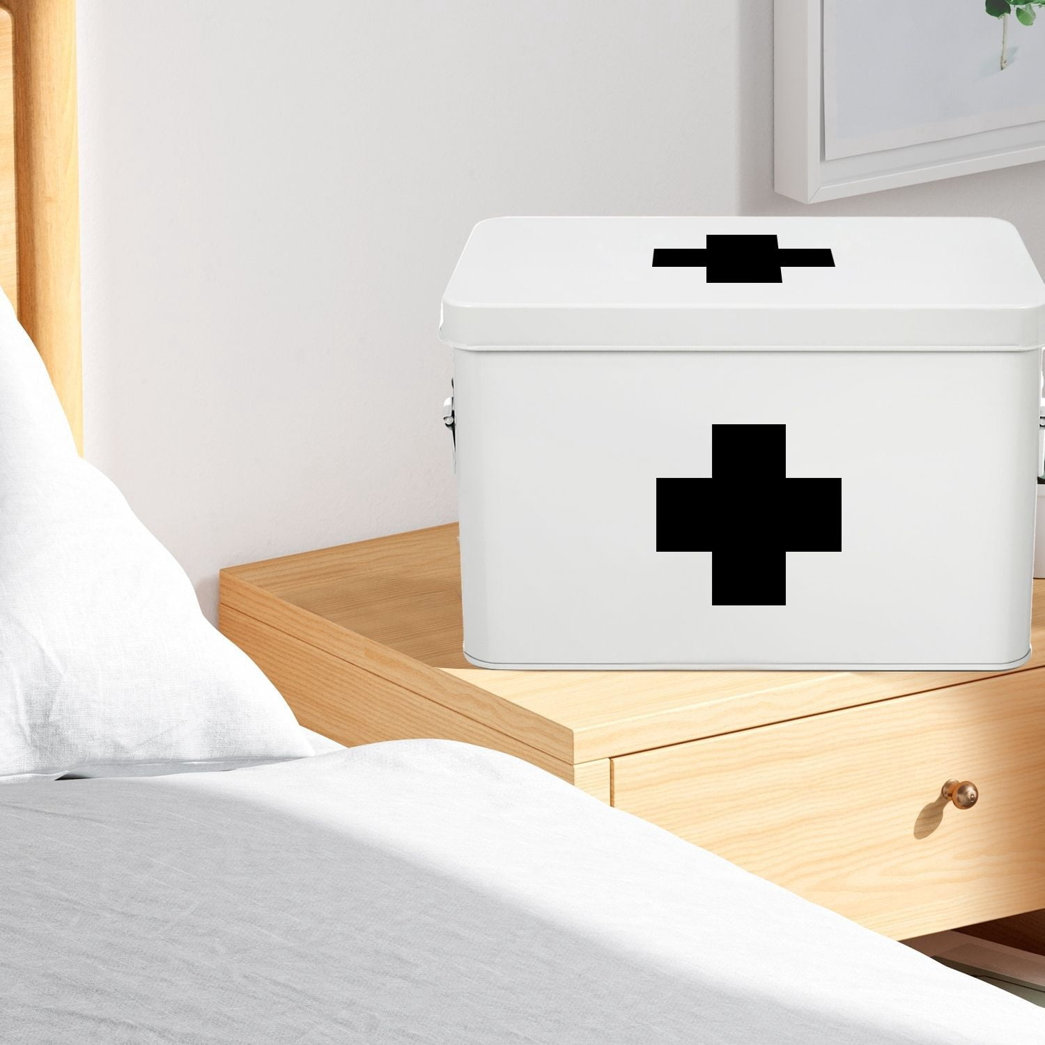 First Aid Box Organizer - Empty 13" White Vintage First Aid Kit Tin Metal Medical Box - First Aid Storage Box Container Bins with Dividers, Removable Tray and Black Cross Logo