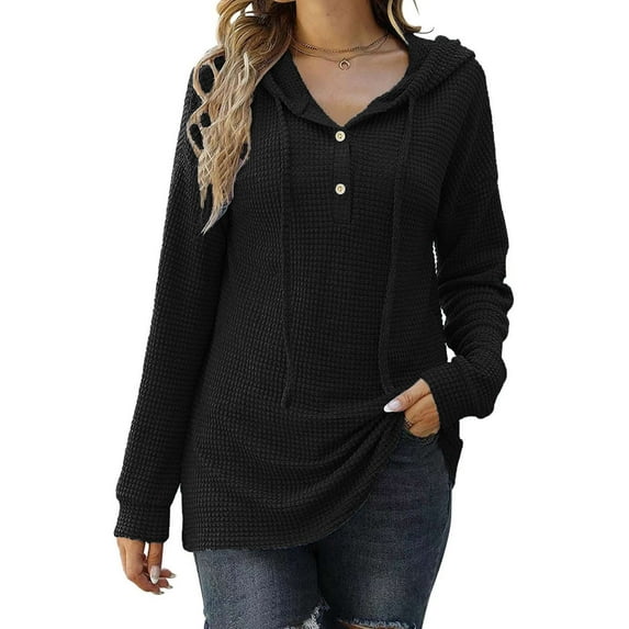 Luxtrada Loose Fitting Sports Knit Long Sleeved Button up Hooded Sweater Pullover (Black,L)