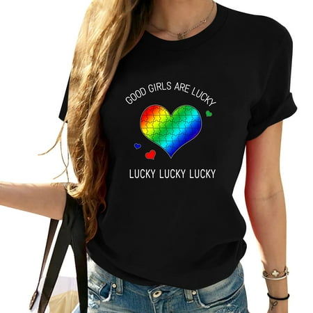 Good Girls Are Lucky Puzzle Love Lucky Lucky Lucky Graphic Print Women s Short Sleeve T-Shirt  Comfortable and Fashionable  Summer Tops for Women