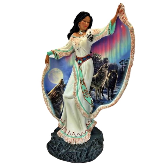 The Bradford Exchange Maidens of the Light Sculpture Collection #5: 'Night Music' Illuminated Sculpture Hand-Painted Indigenous-Inspired Figurine with Wolf Art by James Meger 8-inches