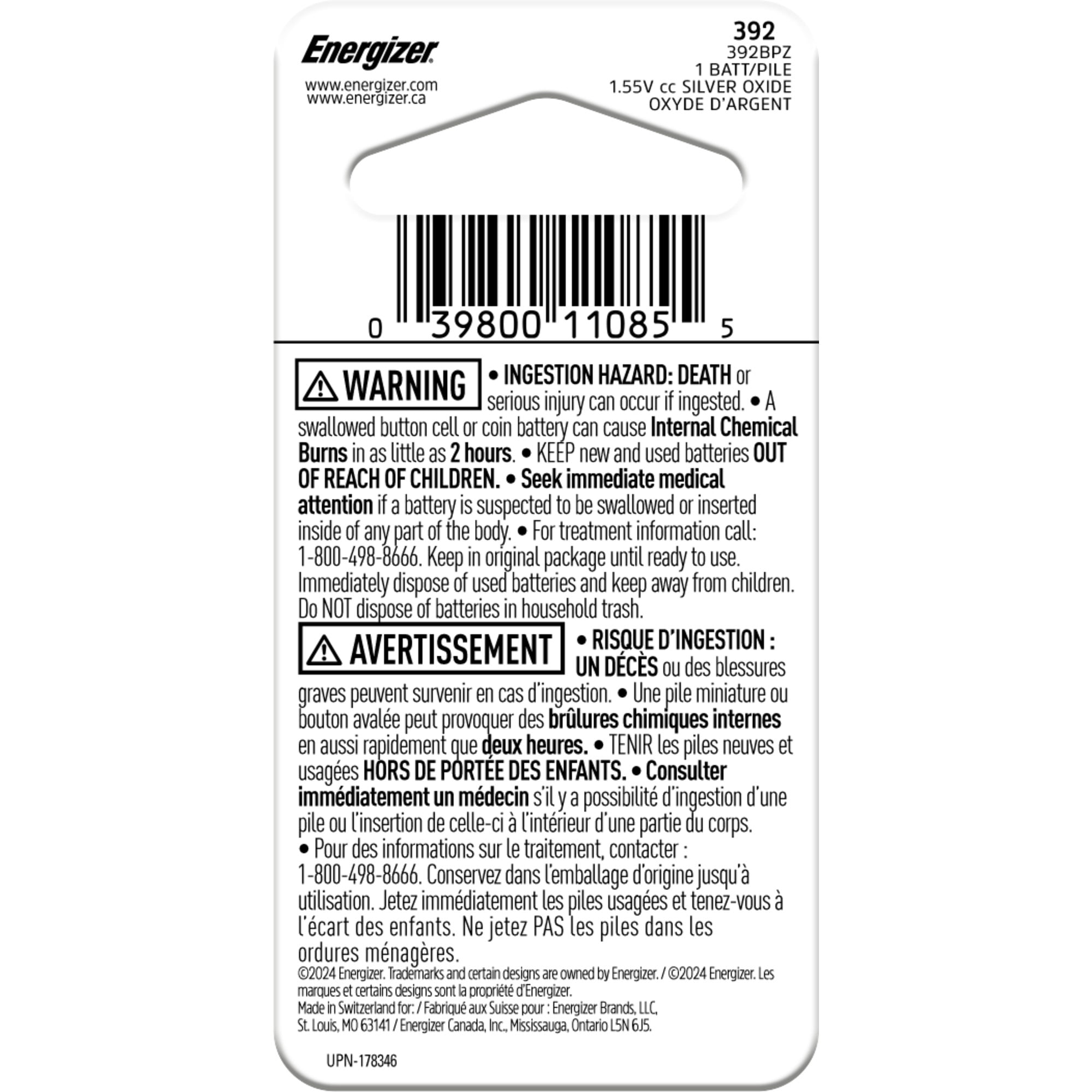 Energizer 392 Silver Oxide Button Battery, 1 Pack, Long-lasting Power