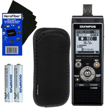 Olympus WS-853 Digital Voice Recorder (Black) with Built-in 8GB & Direct USB + Protective Case + AAA Batteries + HeroFiber Ultra Gentle Cleaning