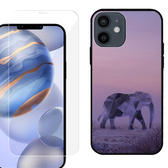 Slim-Fit Protective Phone Case (Black) compatible with iPhone 12 / iPhone 12 Pro, with Tempered Glass Screen Protector, by OneToughShield ® - Twilight Elephant